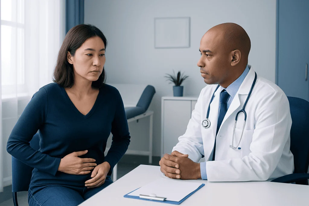 Doctor consulting with a patient about early satiety symptoms.