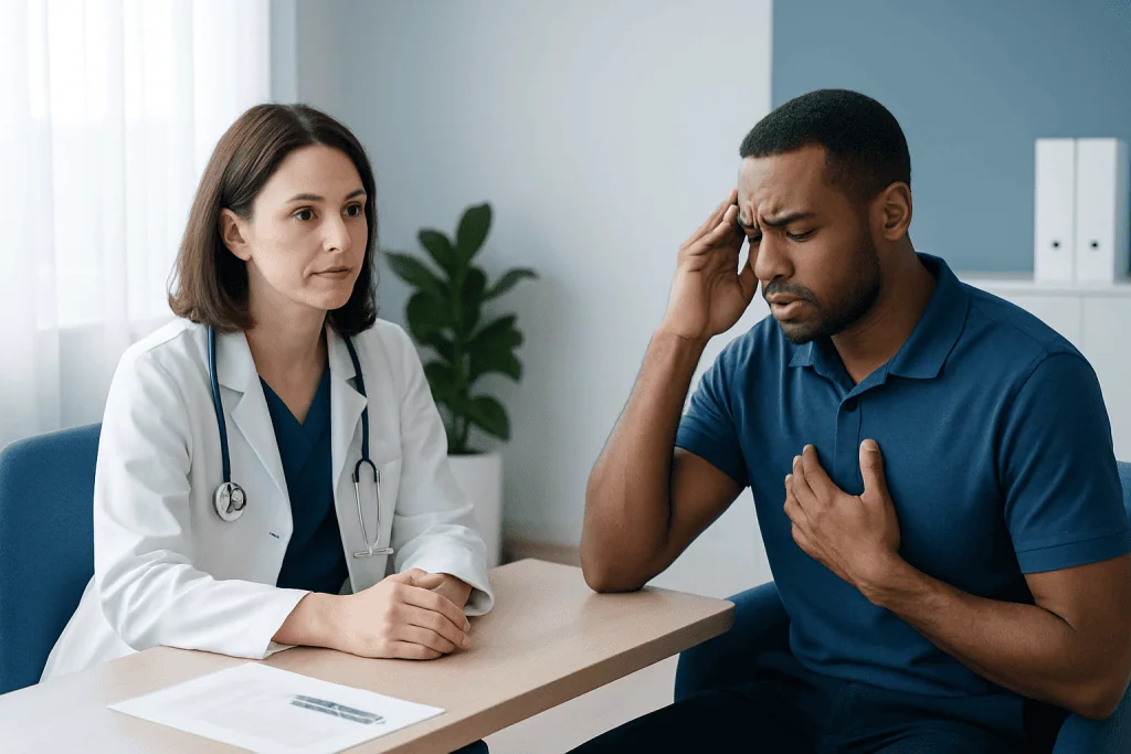 Doctor consulting with a patient experiencing headache and chest pain.
