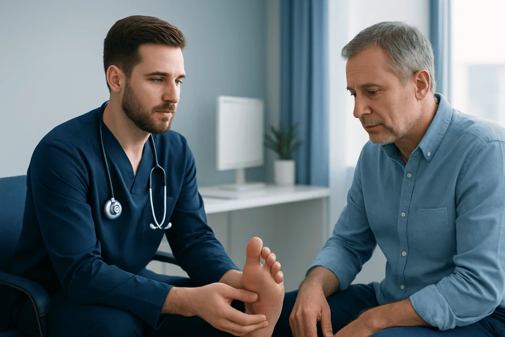 Doctor examining patient's foot for a medical consultation.