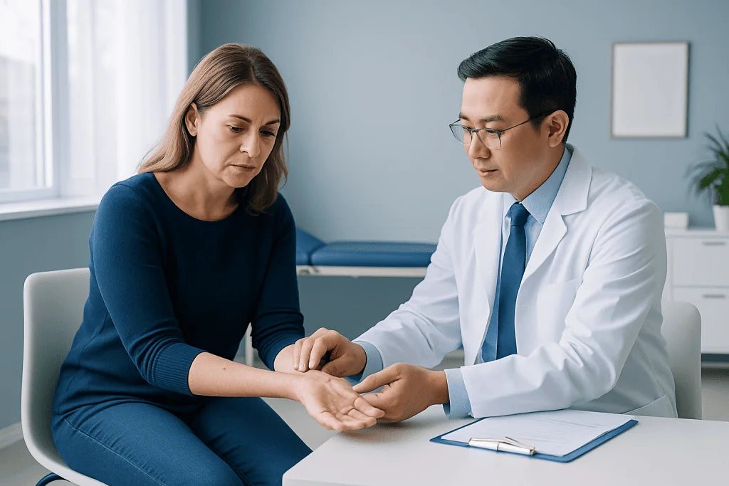 Doctor examining patient's skin in a medical consultation room.