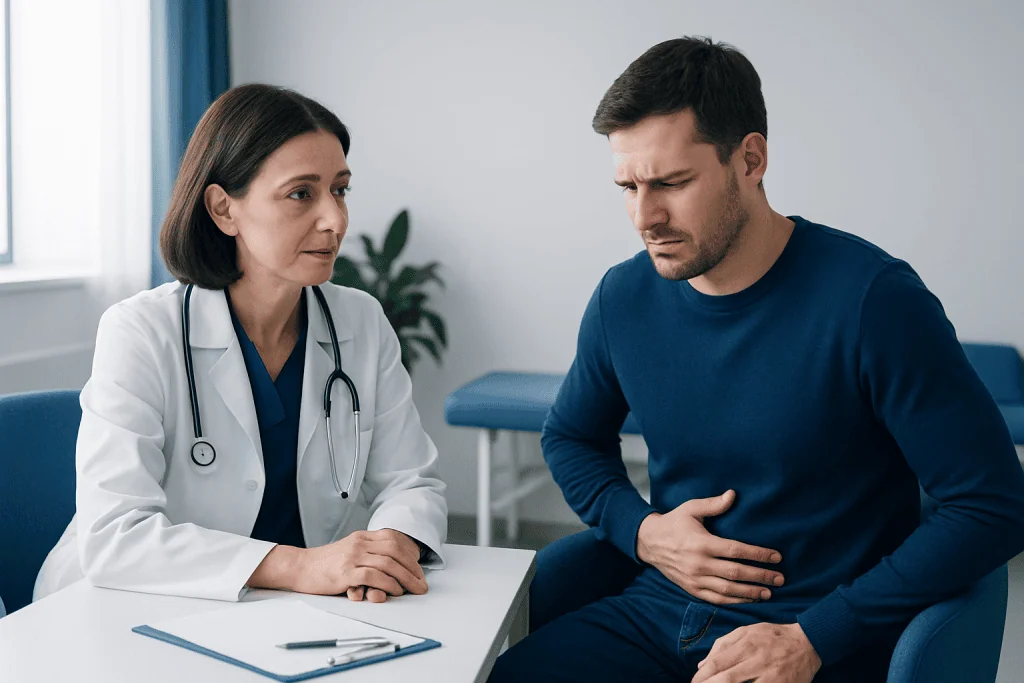 Doctor consulting with a patient experiencing stomach pain in a clinical setting.