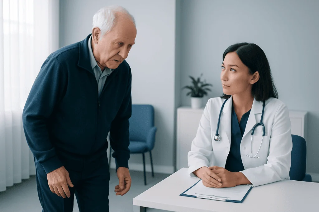 Doctor consulting with elderly patient about gait issues in clinic setting.