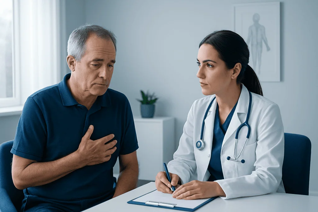 Doctor consulting with a male patient about symptoms in a medical office.