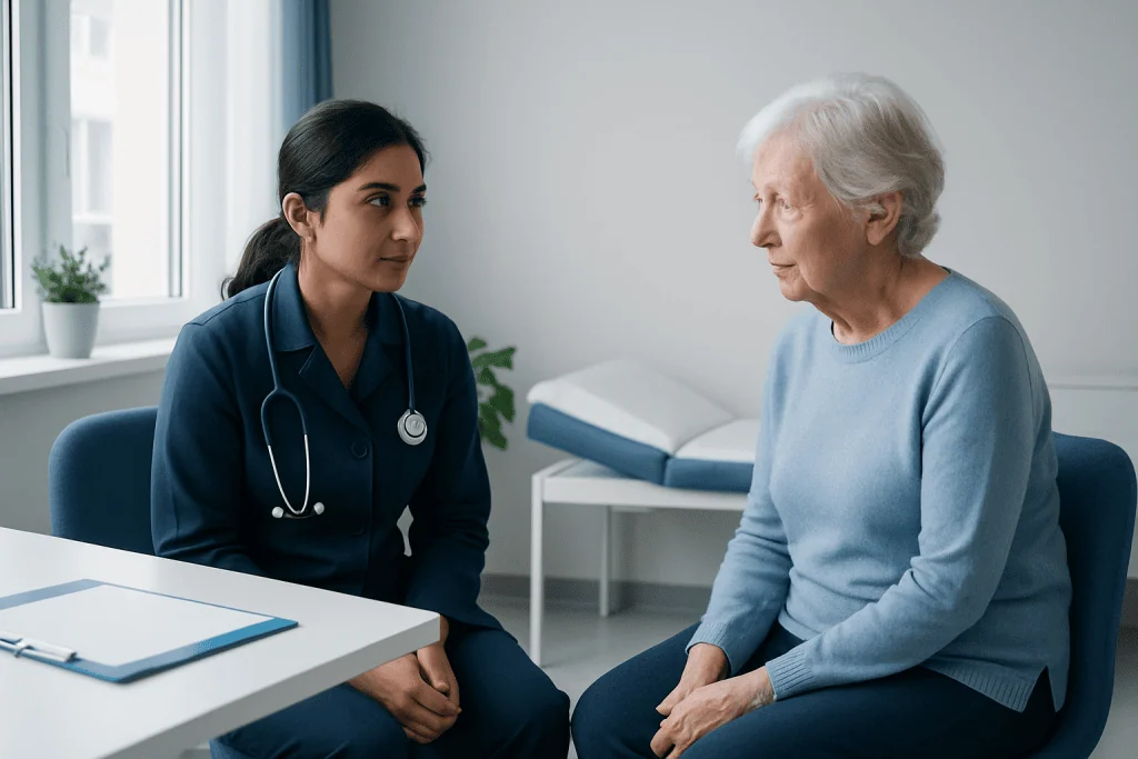Nurse consulting with elderly patient in a medical office.