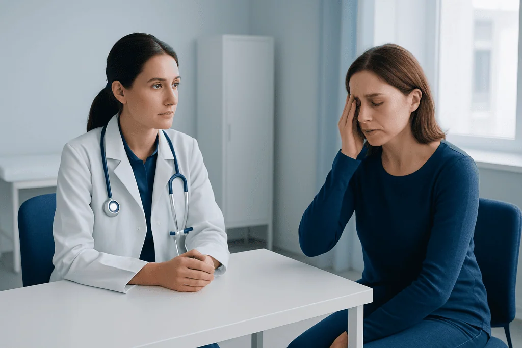 Doctor consulting with a woman experiencing eye pain in a clinical setting.
