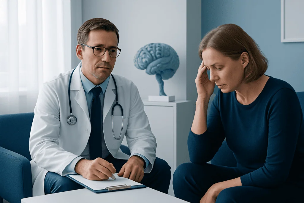 Doctor consulting with a woman patient about neurological health issues.