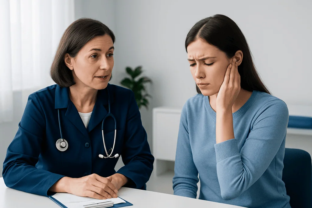 Doctor consulting a patient with ear discomfort and concern.