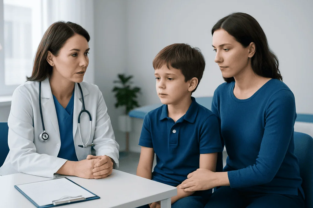 Pediatric neuromuscular evaluation consultation with doctor and mother.