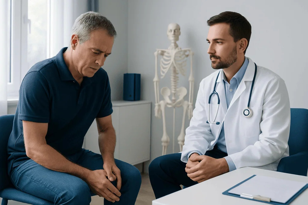 Doctor consulting with patient about joint pain in a medical office.