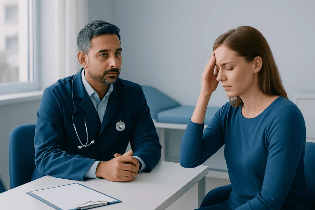 Doctor consulting a woman with headache in a medical office.