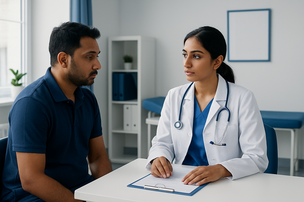Doctor consulting with a male patient in a modern clinic setting.
