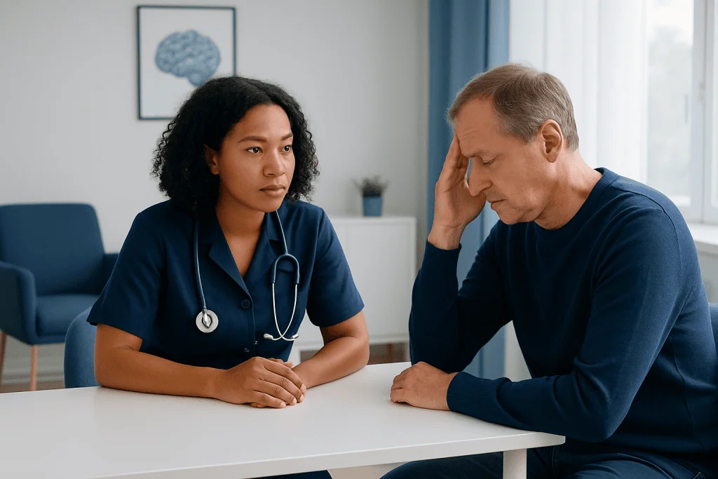 Doctor consulting with a patient about memory issues in a clinical setting.