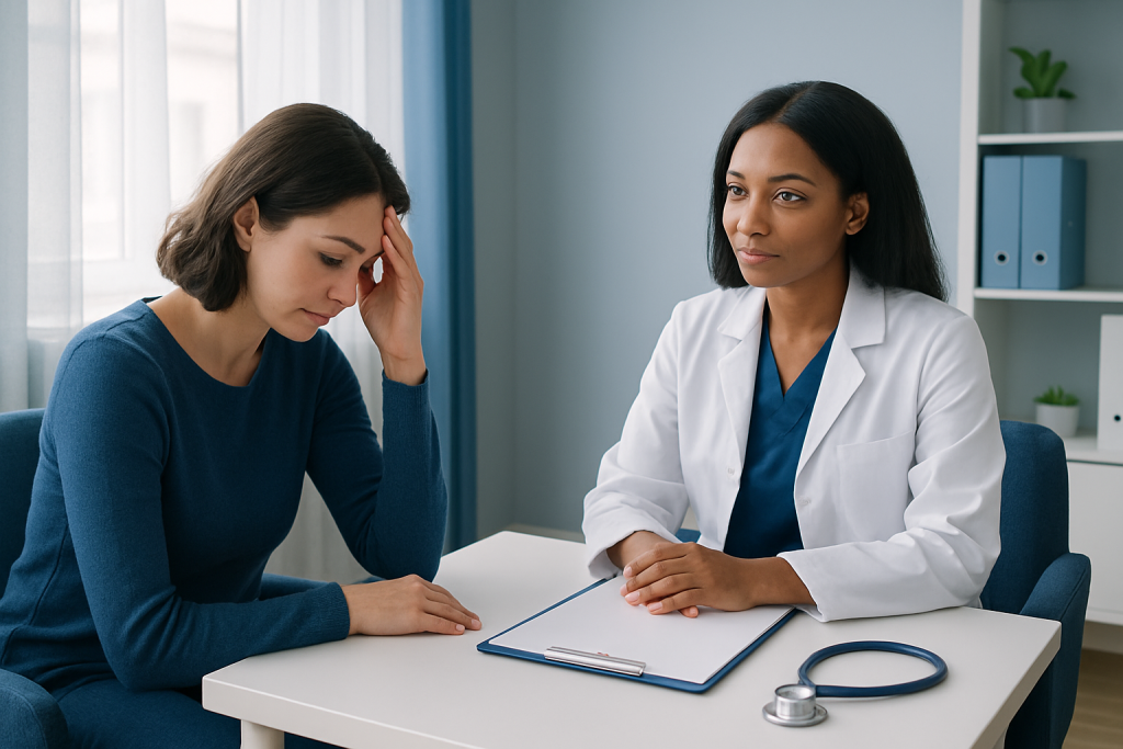 Woman consulting with doctor about anxiety symptoms in a medical office.