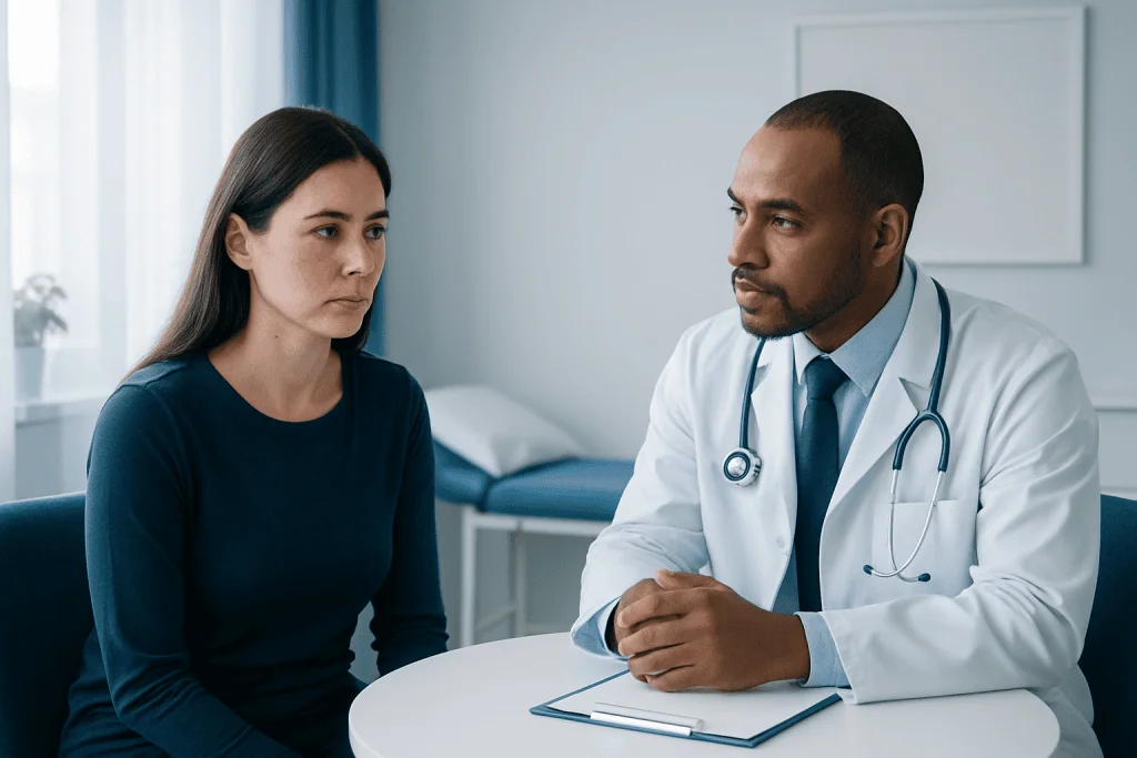 Doctor consulting with a patient about health concerns in a clinical setting.