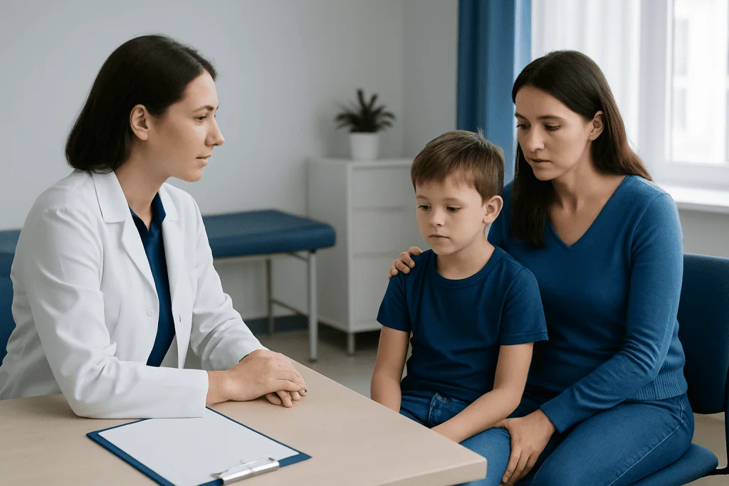 Doctor consulting with mother and child in a medical office.