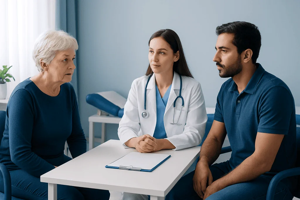 Doctor consulting elderly woman about health concerns in a clinic setting.