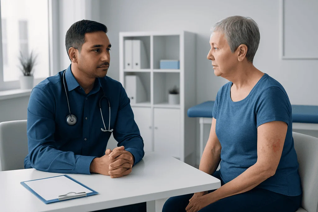 Doctor consulting with an older female patient in a medical office.
