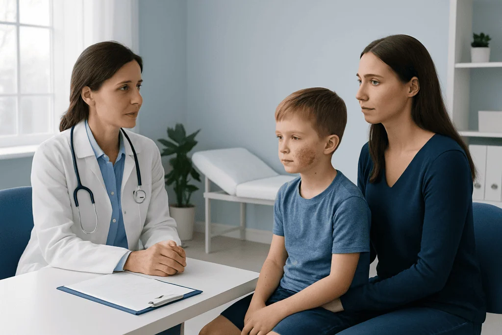 Doctor consulting with mother and child in a medical office.