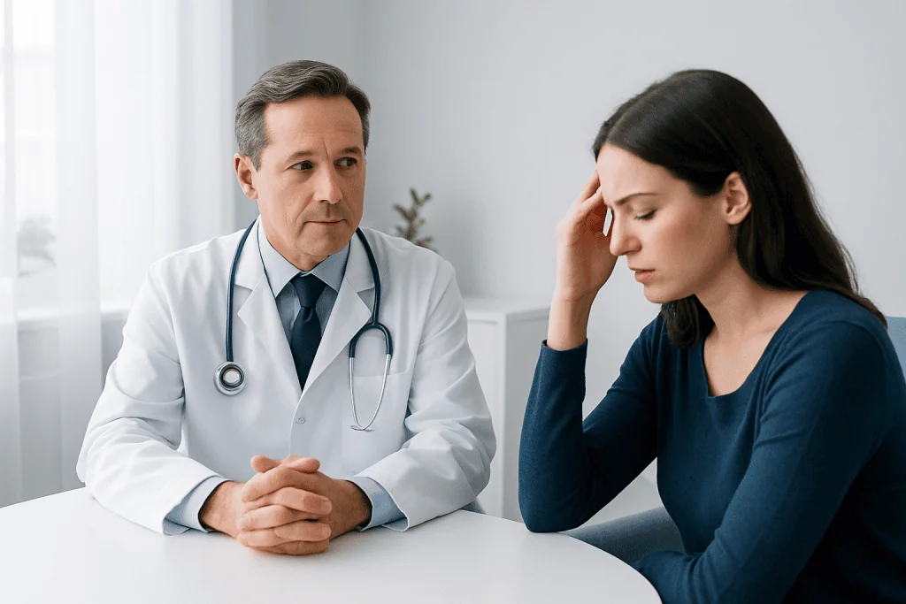 Doctor consulting with a woman about health concerns in a medical office.