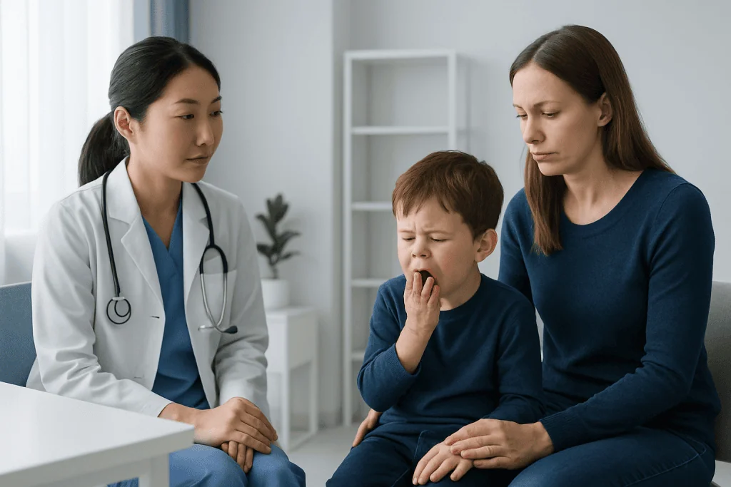 Child with mouth pain consulting a doctor in a clinic setting.