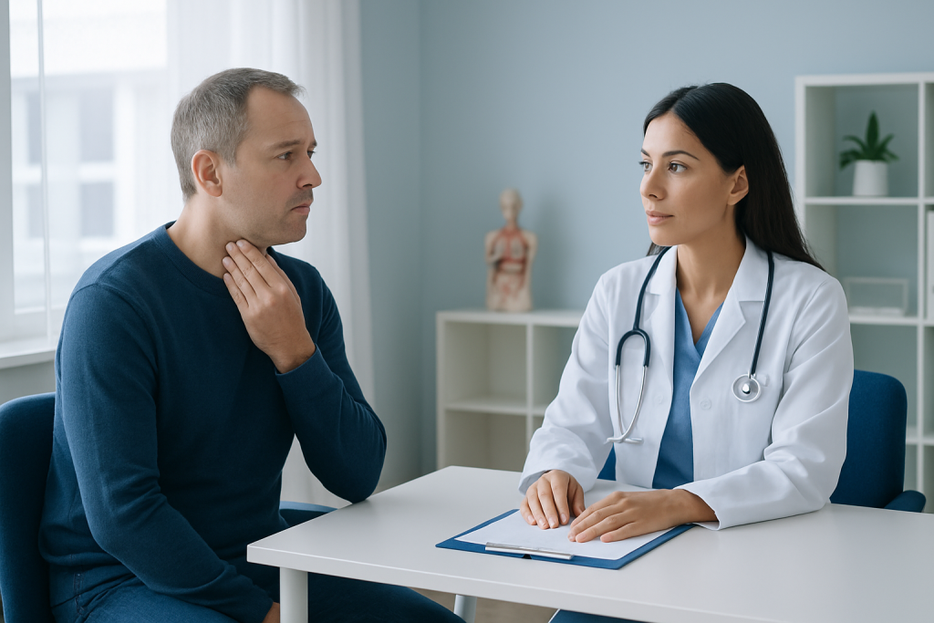 Doctor consulting with male patient in a medical office setting.