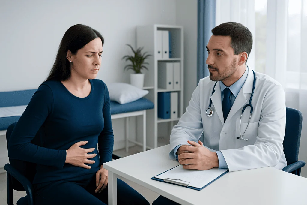 Doctor consulting with a woman patient about health concerns in a medical office.