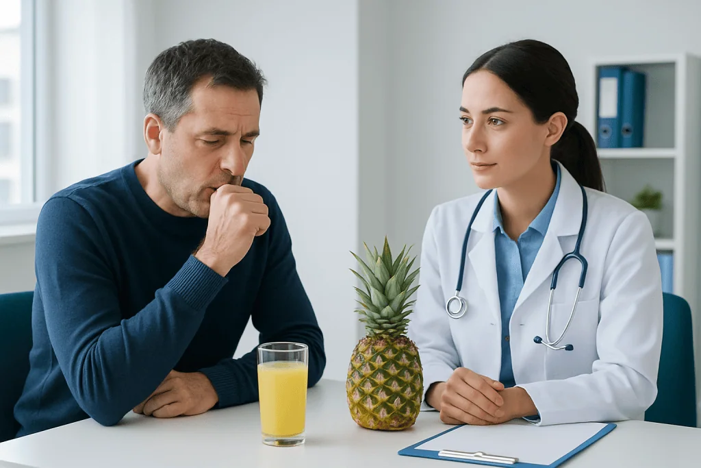 Doctor consulting with patient about cough and pineapple juice benefits.