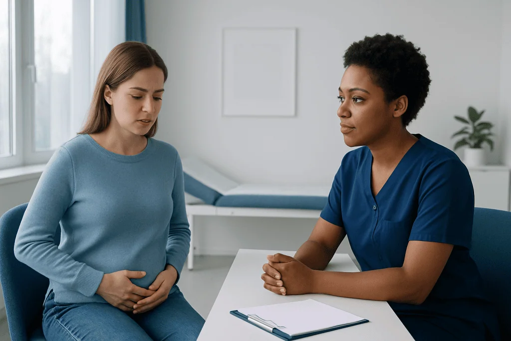 Doctor consulting with a woman patient in a medical office.