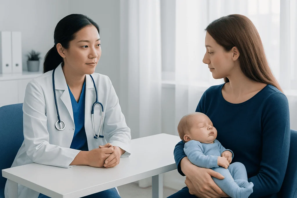 Pediatric consultation with a doctor and mother holding a baby in a clinic.