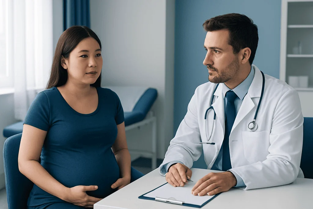 Pregnant woman consulting with a doctor in a medical office.