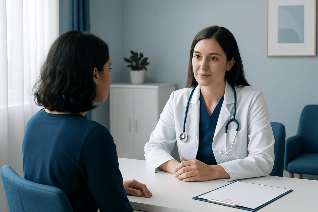 Doctor consulting with a patient in a modern medical office.