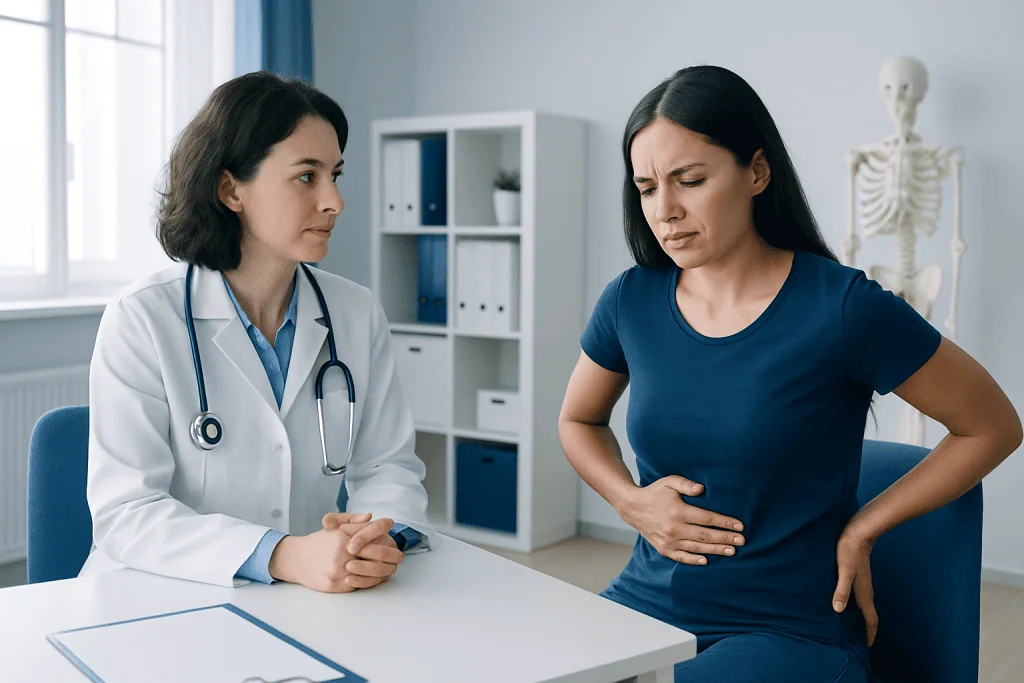 Doctor consulting a woman with stomach pain in a medical office.