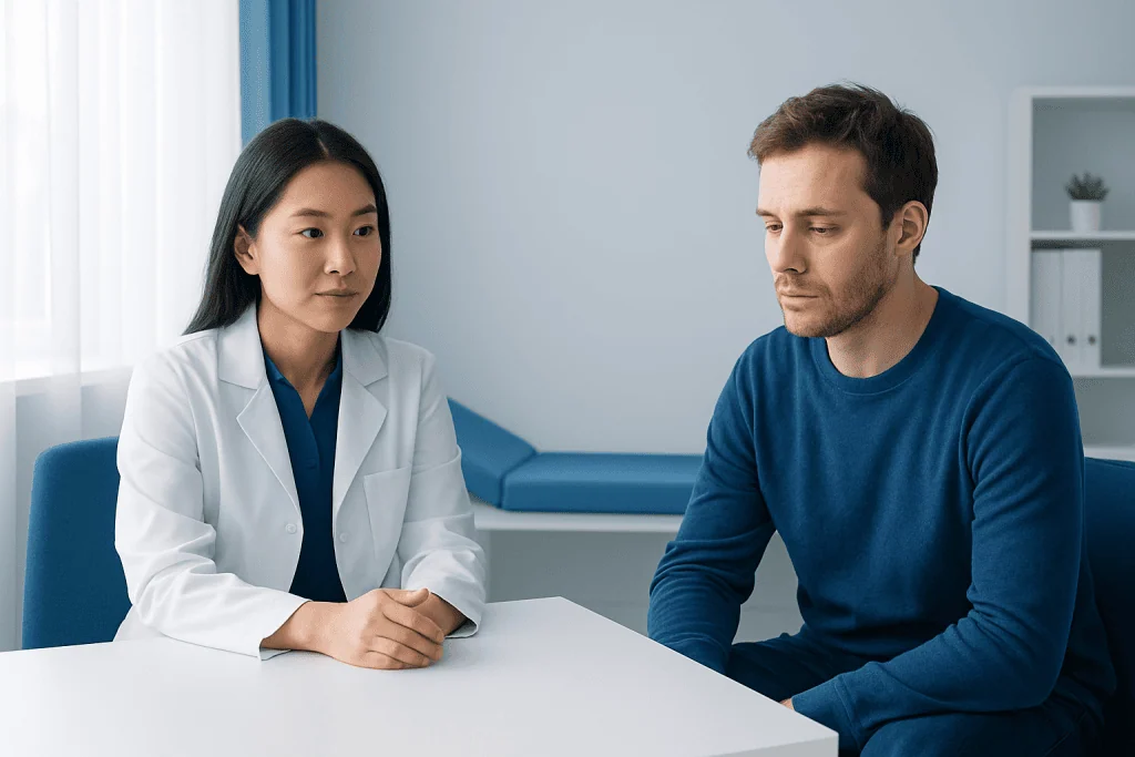 Doctor consulting with a patient in a modern medical office.