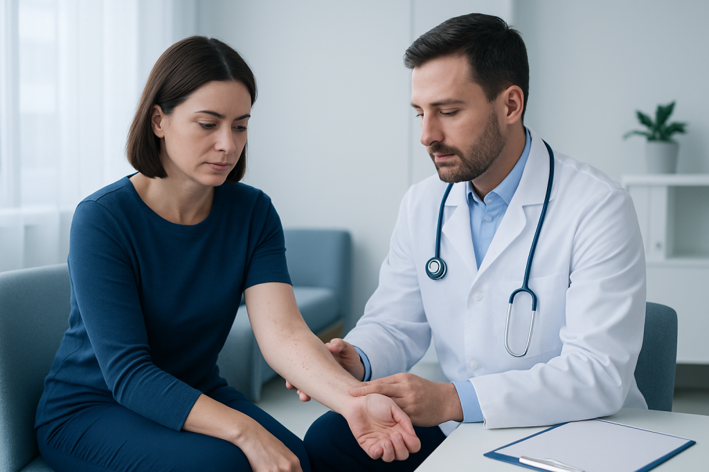 Doctor examining patient's skin for small red dots or skin issues.