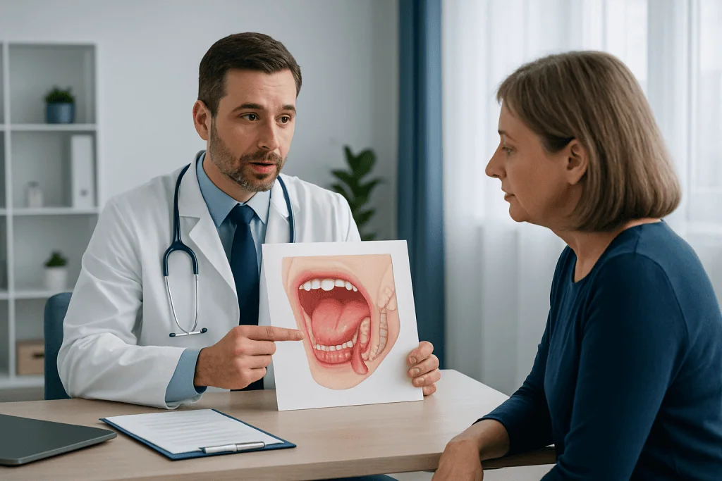Doctor explaining tongue anatomy to patient in consultation room.