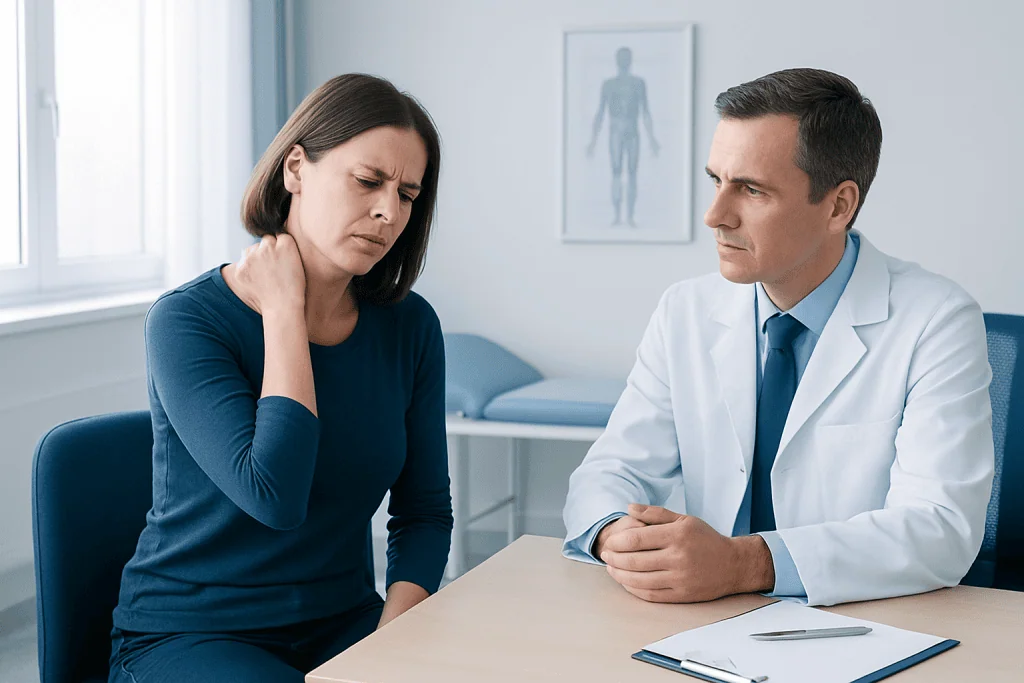 Patient experiencing neck and shoulder pain during medical consultation.