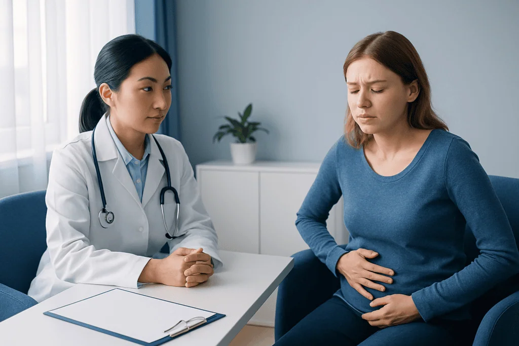 Doctor consulting a woman with stomach pain in a medical office.
