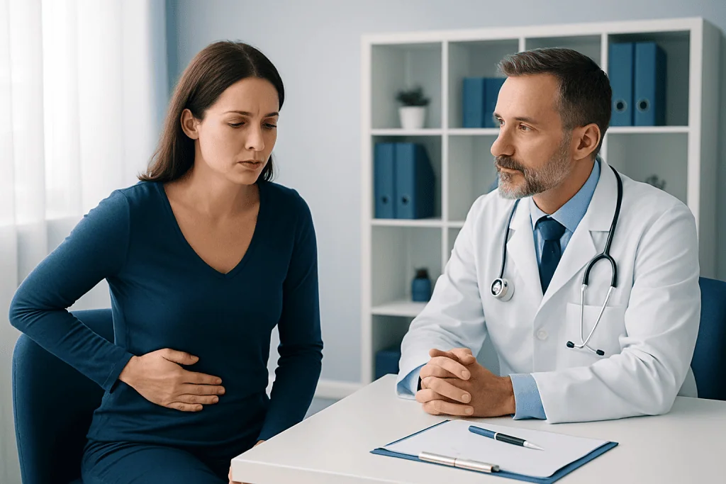 Female patient consulting with a doctor about abdominal pain.