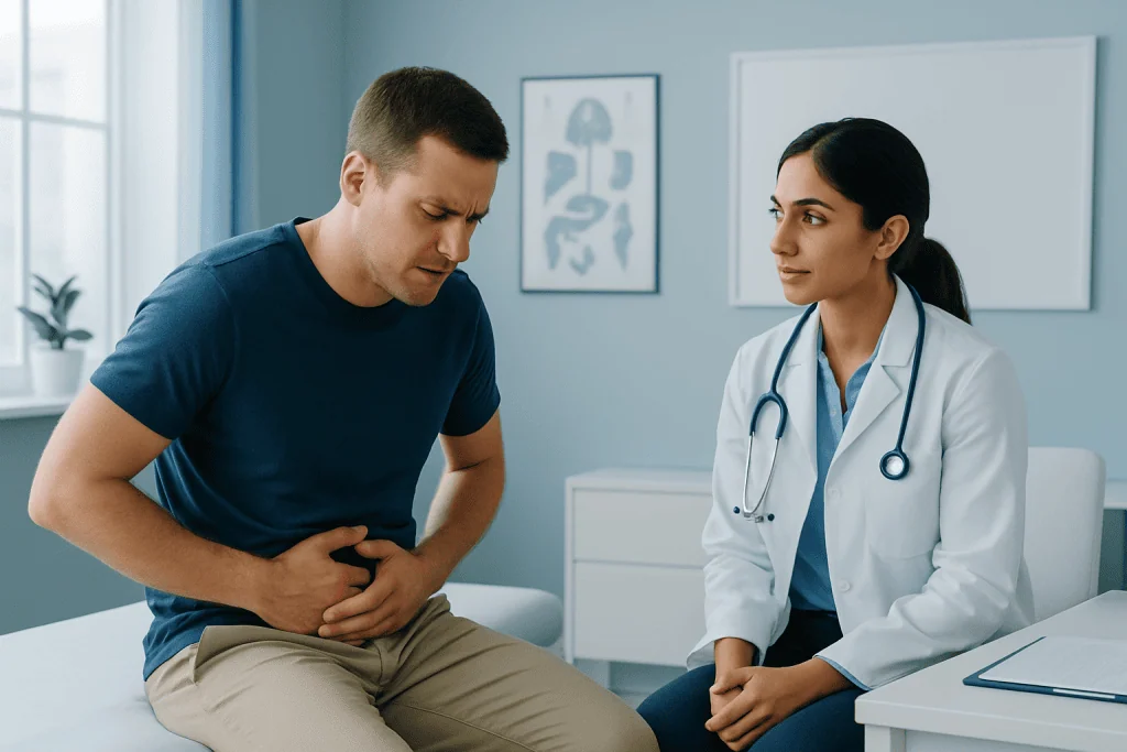 Male patient experiencing lower stomach pain during consultation with doctor.