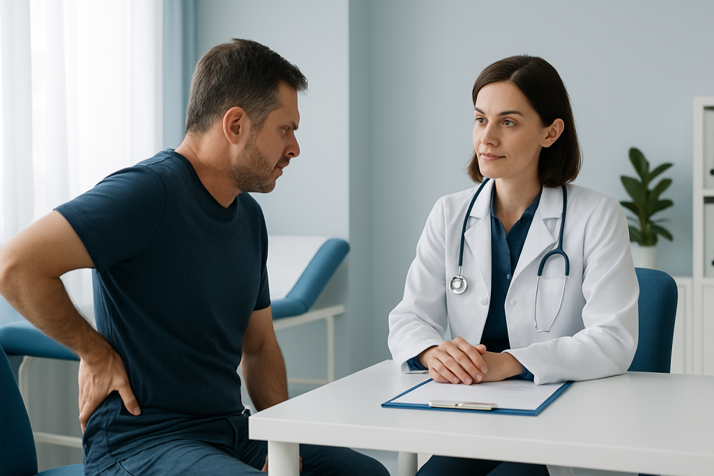 Doctor consulting with patient about back pain on right side.