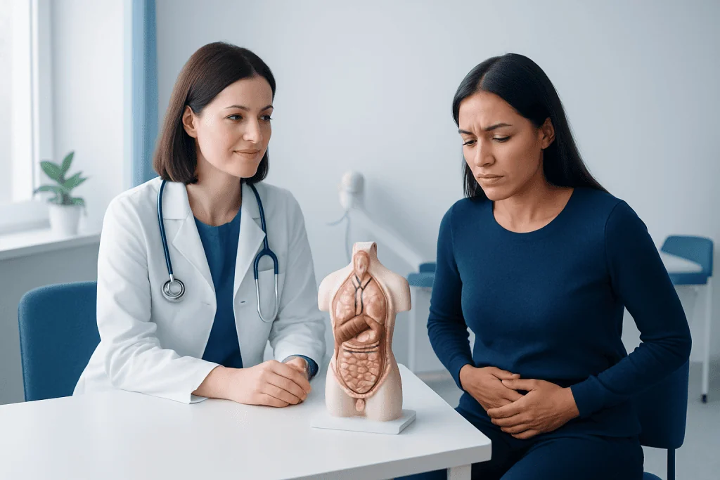 Doctor explaining pelvic anatomy to patient in consultation room.