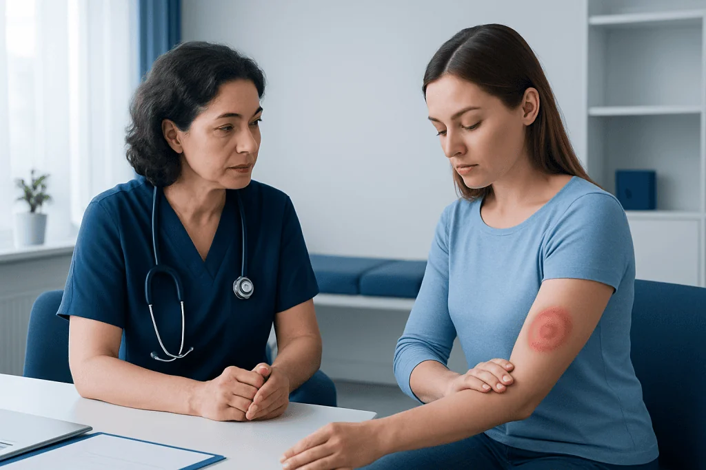 Doctor examining a woman's arm with a rash in a clinical setting.