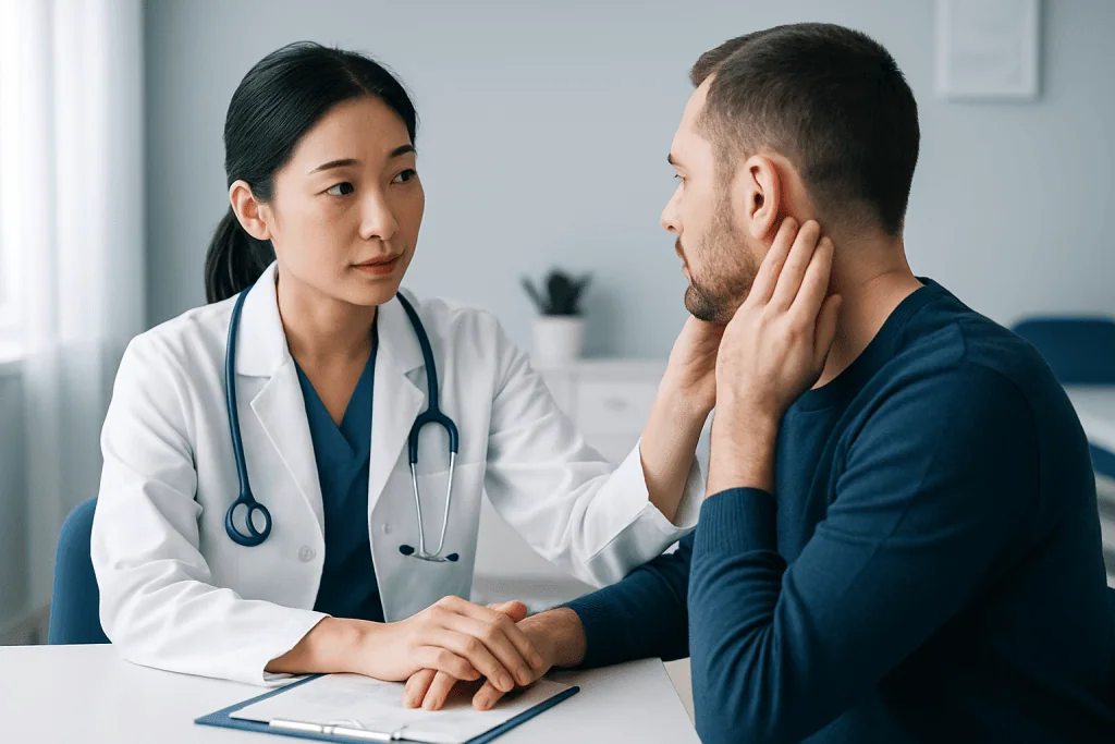 Doctor examining a patient's ear in a medical consultation room.