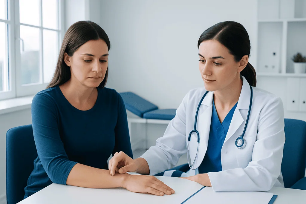 Doctor examining patient's arm in a medical consultation room.