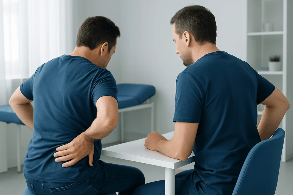 Two men experiencing lower back pain during a medical consultation.