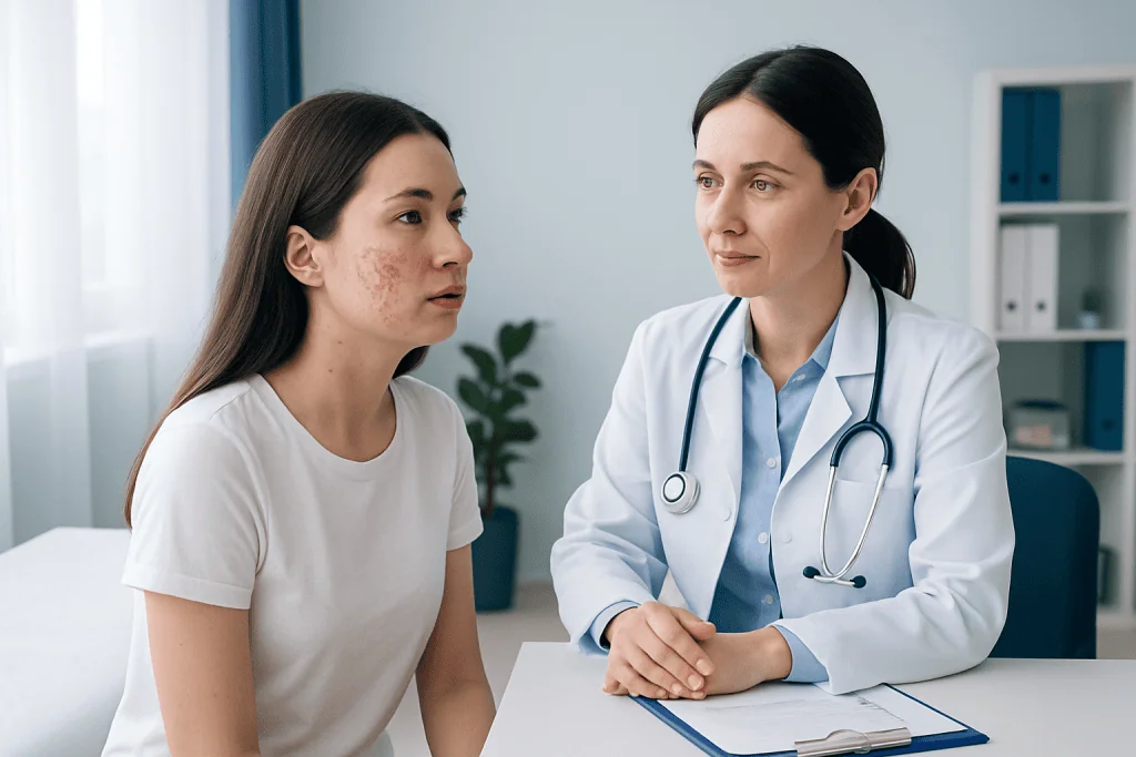 Dermatologist examines a young woman with acne in a clinic setting.