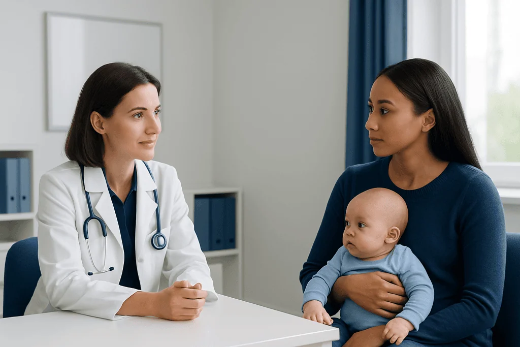 Pediatric consultation with a doctor and mother in a clinic setting.