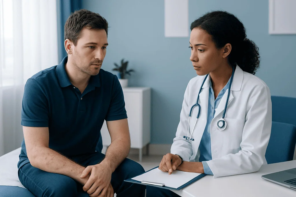 Doctor consulting with a patient about health concerns in a medical office.