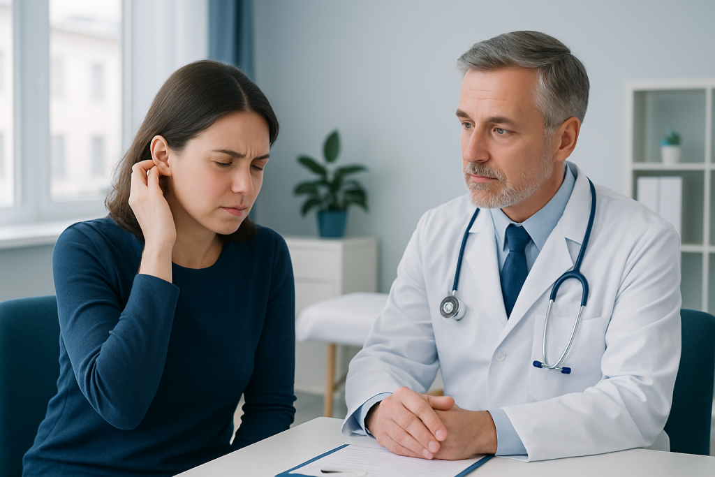 Doctor examining a woman with ear pain in a clinic setting.