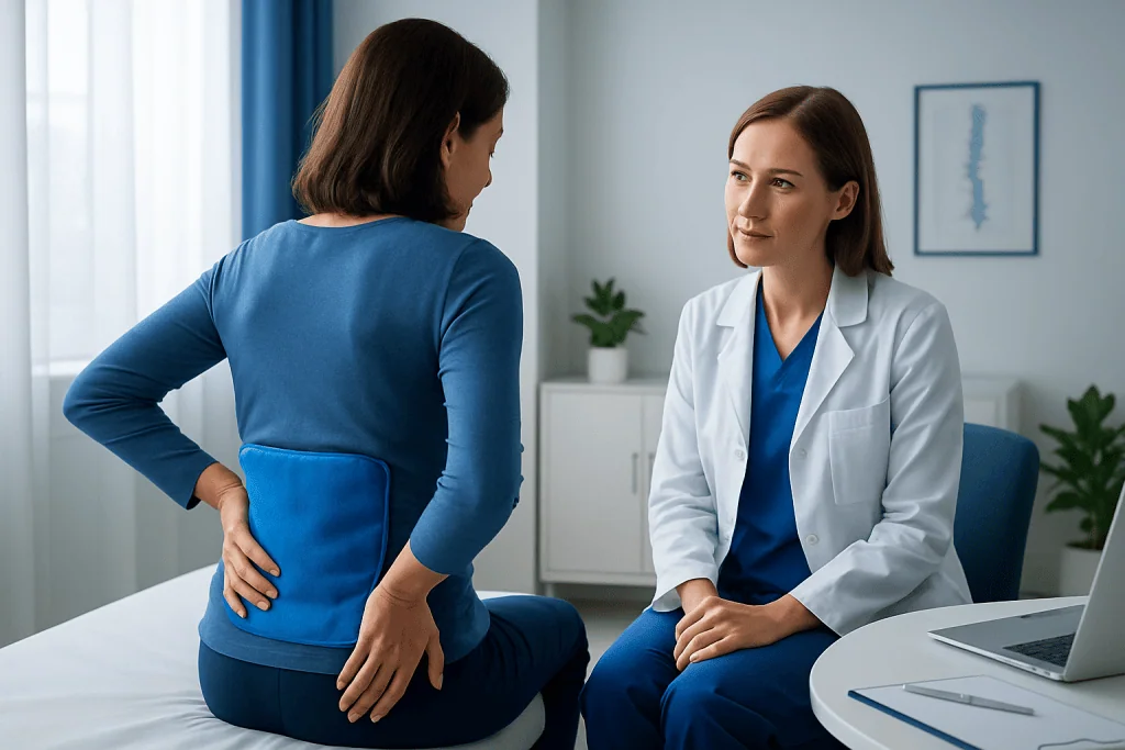 Patient consulting doctor about back pain in a medical office.